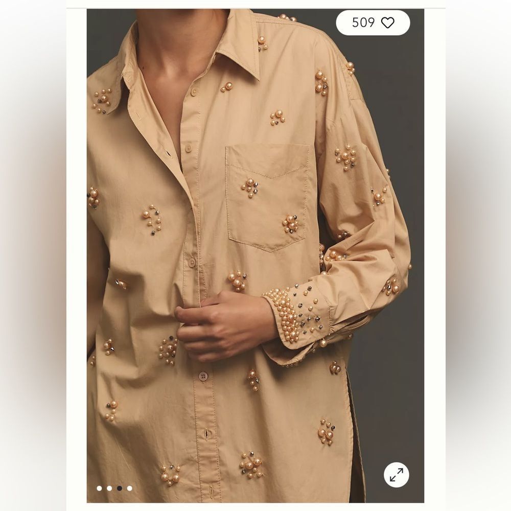 Anthropologie The Bennet Buttondown Shirt by Maeve: Pearl-Embellished Edition